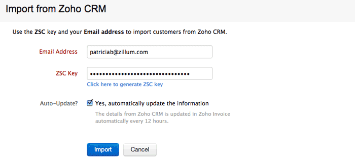 ZSC Key to Import Zoho CRM customer