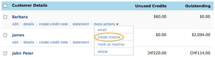 Select create invoice Select create invoice
