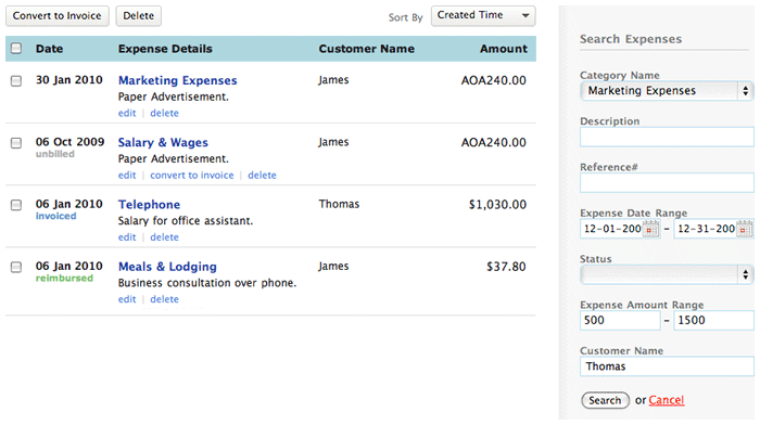 Expense advanced search