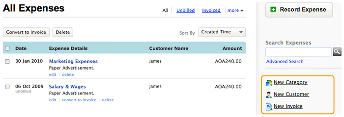 List invoices side bar