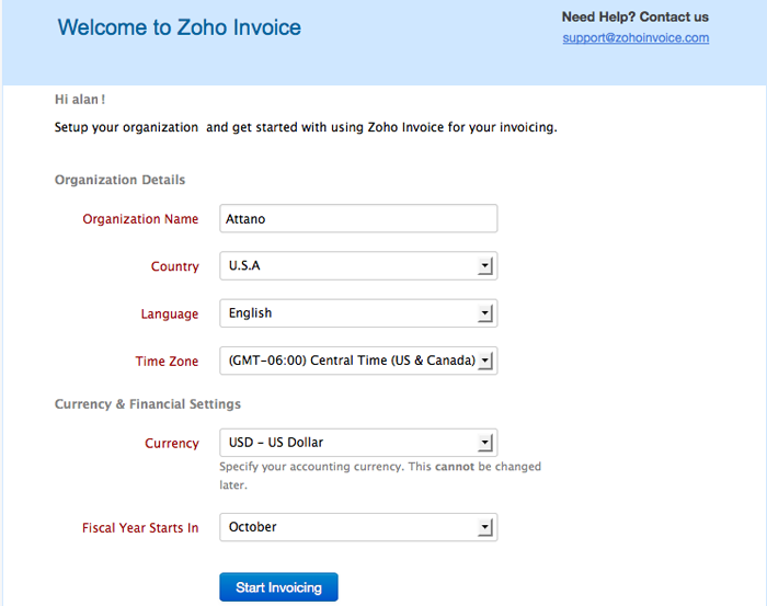 Invoice quick setup