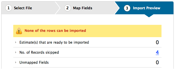 Import estimate error message Import estimate error message
