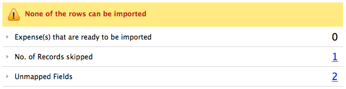 Import expense error message Import expense error message