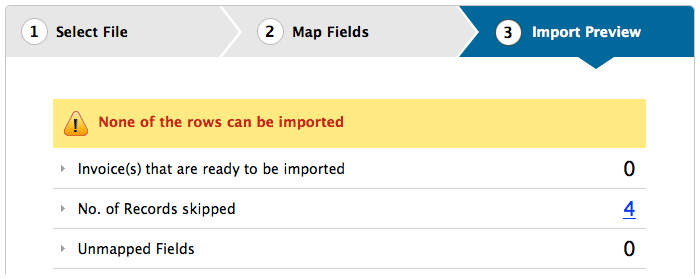Import invoice error message Import invoice error message