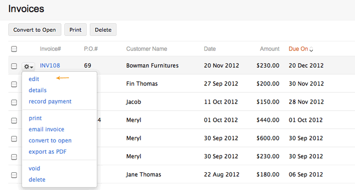 Select edit invoice Select edit invoice