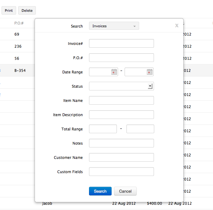 Invoice advanced search