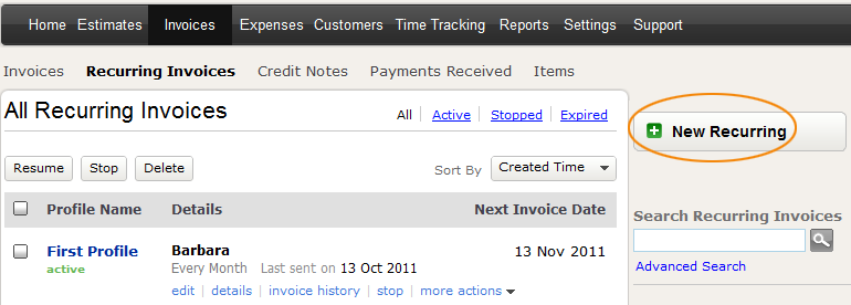 Create new recurring invoice Create new recurring invoice