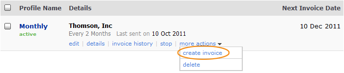Create invoice from recurring invoice Select create invoice