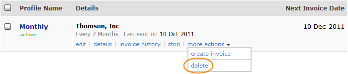 Delete recurring invoice Select delete recurring invoice