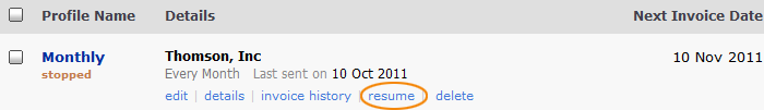 Resume recurring invoice Select resume status