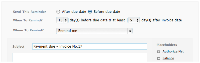 Automatic payment reminders editor