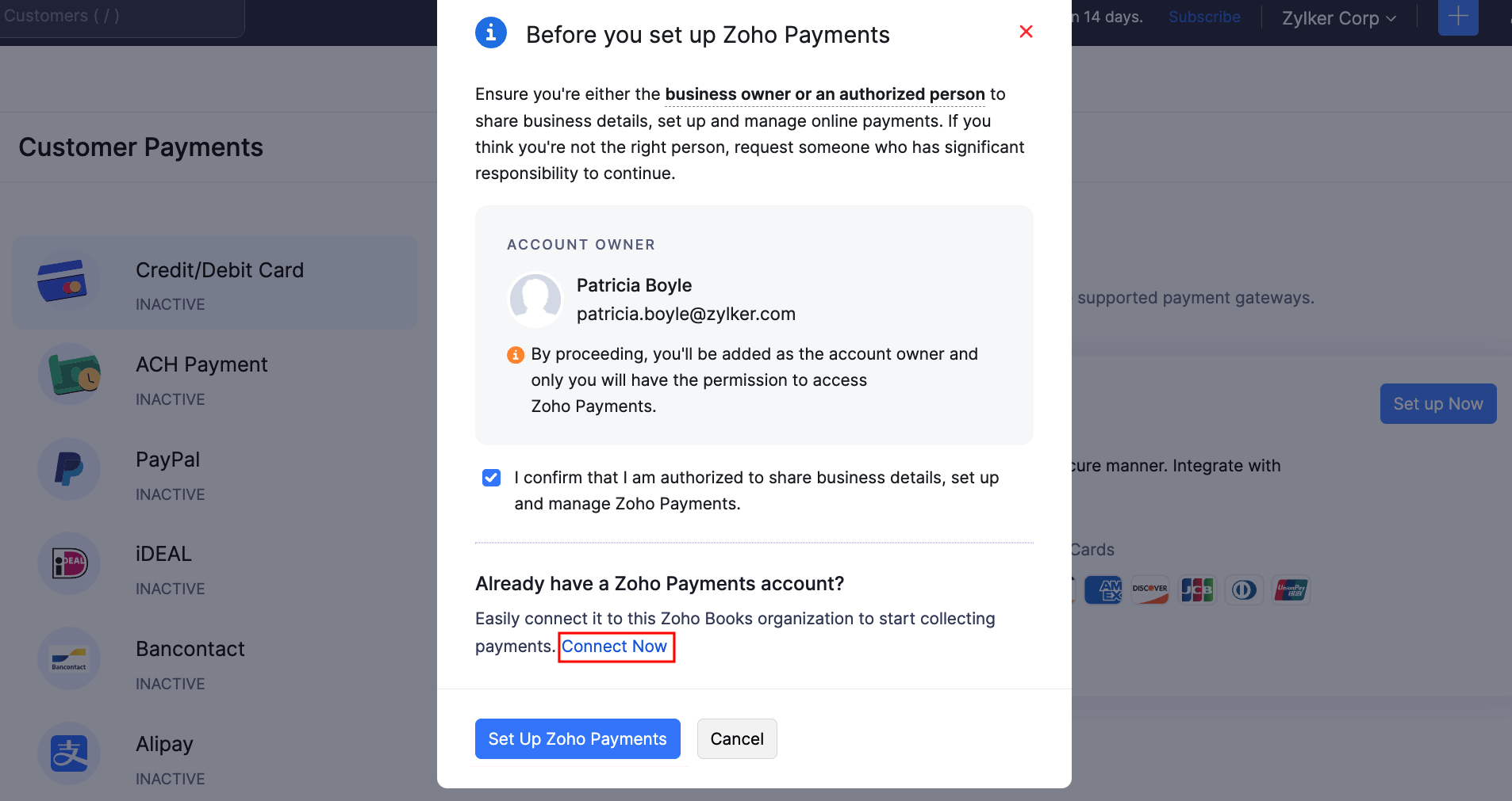 Enable Zoho Pay