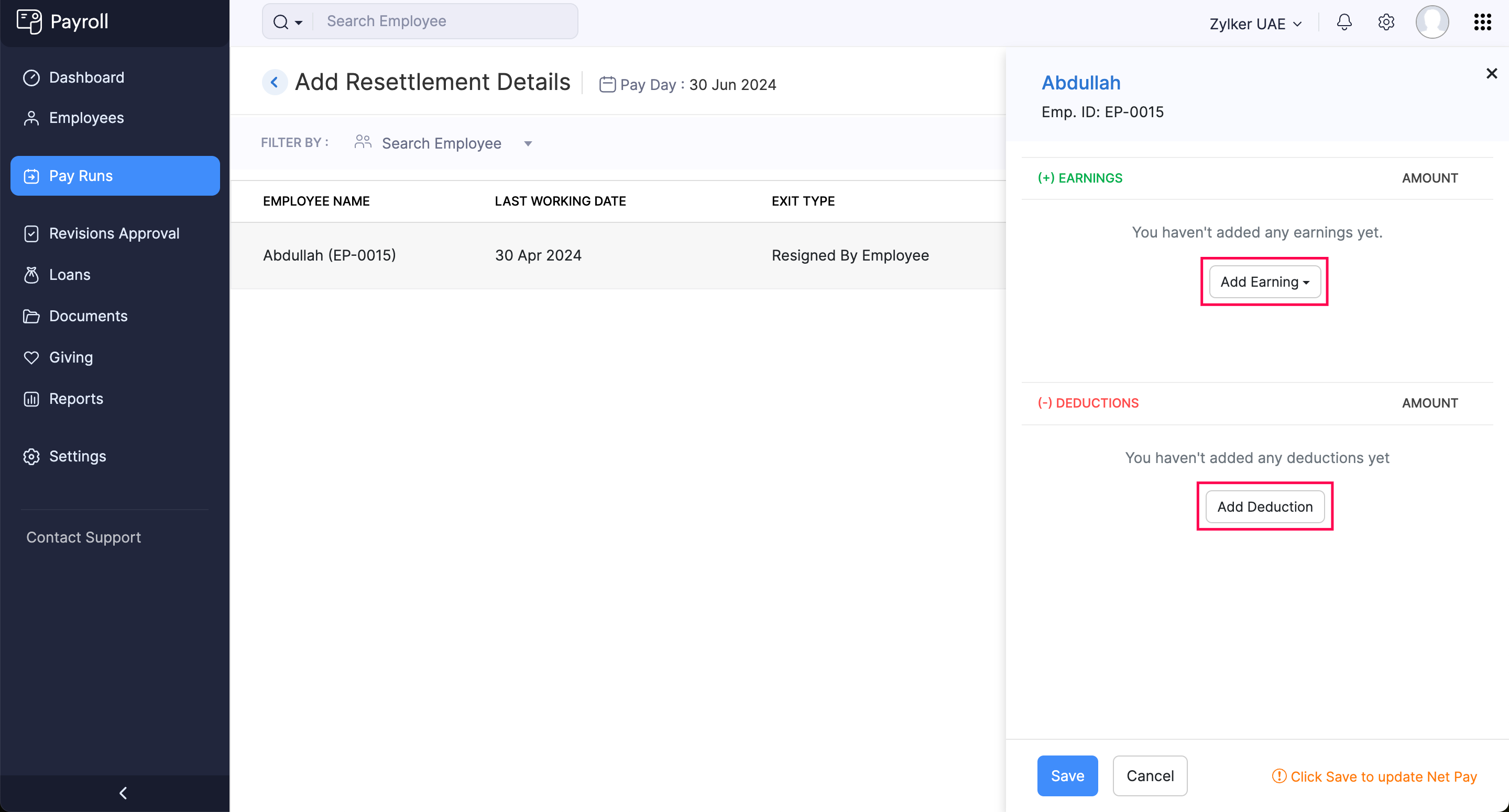 Add Earnings and Deductions Applicable for Employee