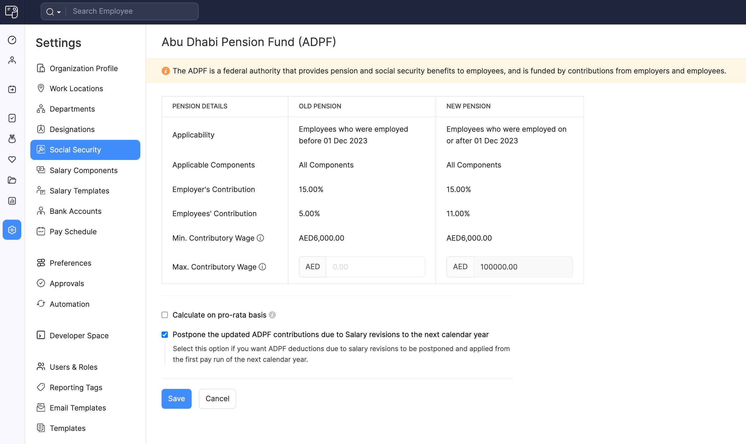 Configuring Abu Dhabi Pension Fund (ADPF) in Zoho Payroll