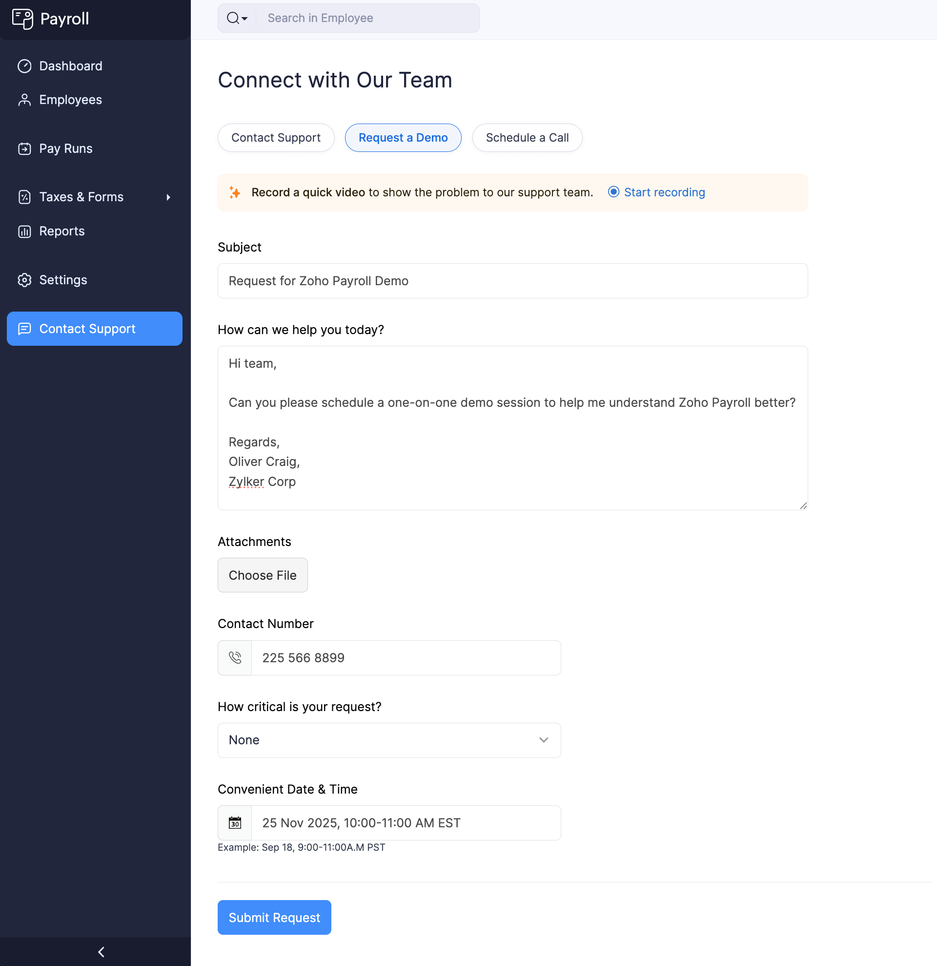 Help and Support in Zoho Payroll