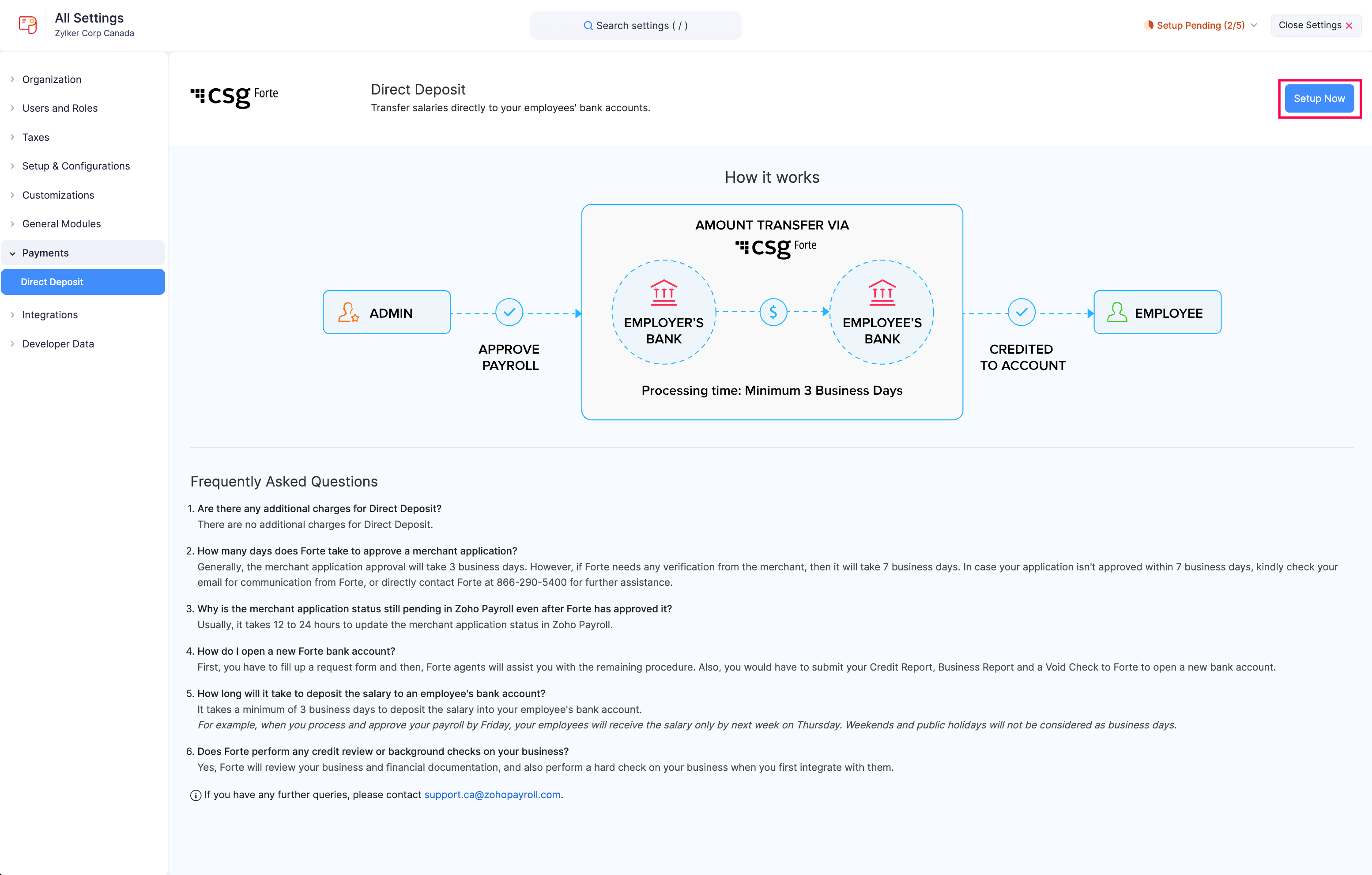 Configure Direct Deposit in Zoho Payroll