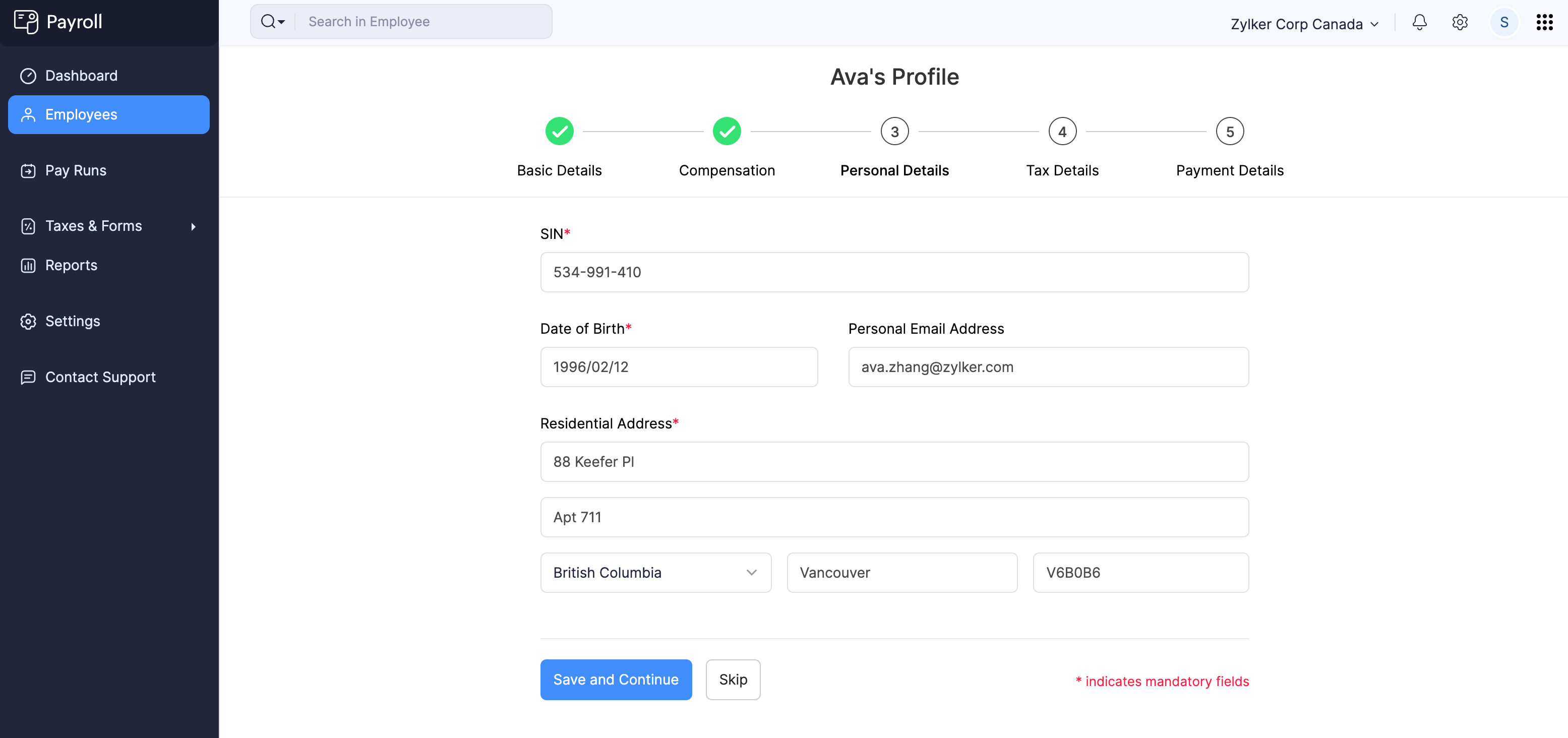 Provide Employee’s Personal Details