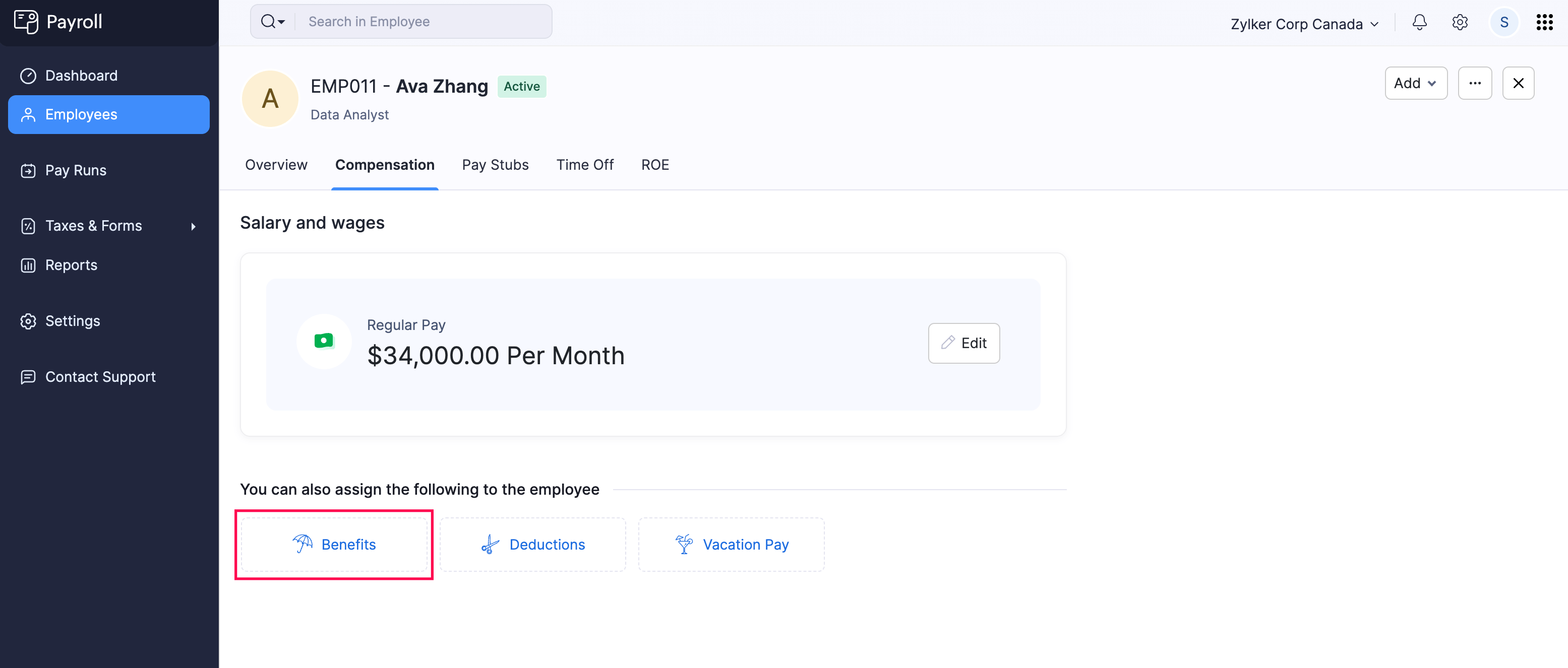 Add Benefit for Employee Button