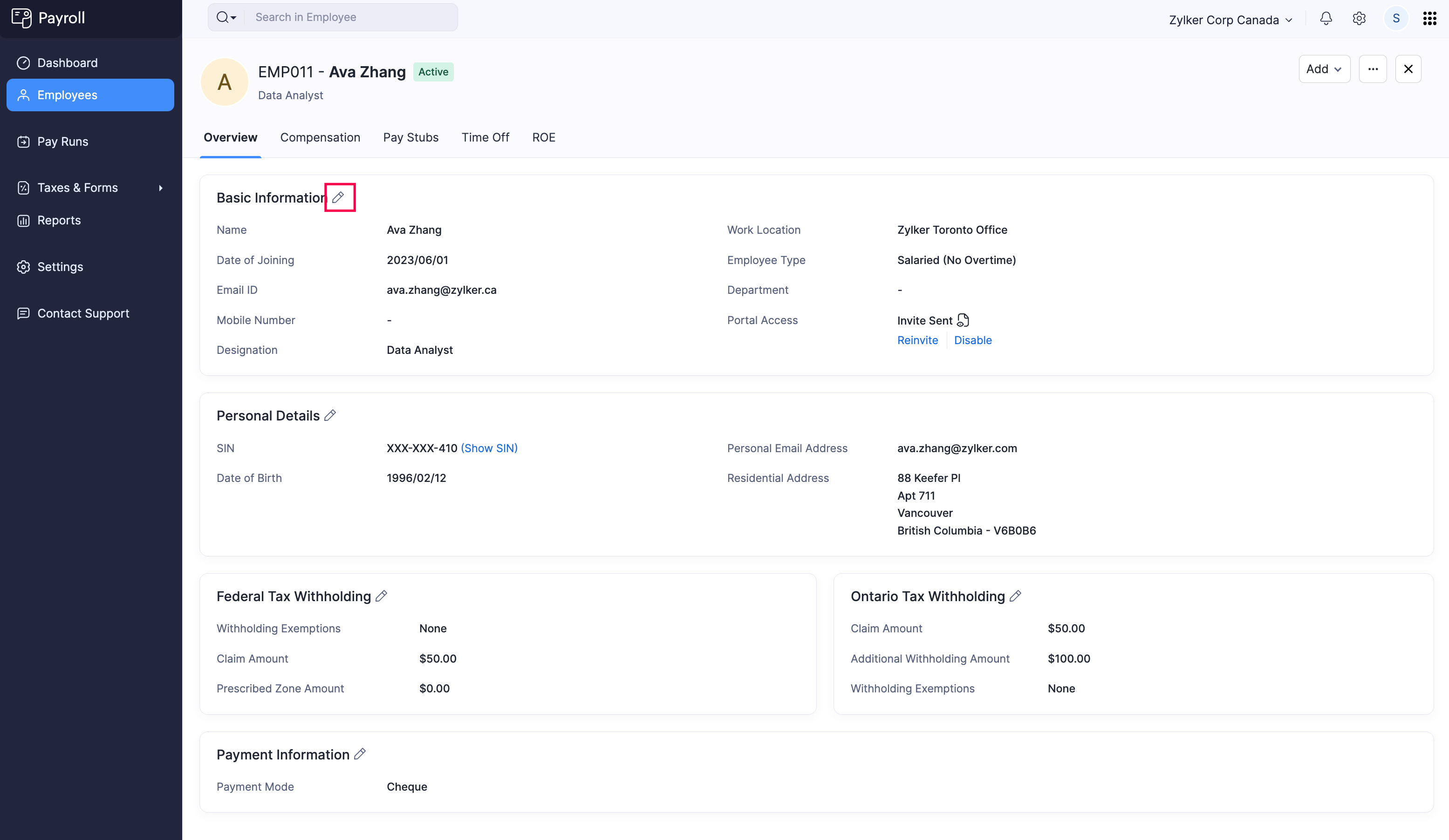 Click Edit Icon to Edit the Basic Details of an Employee