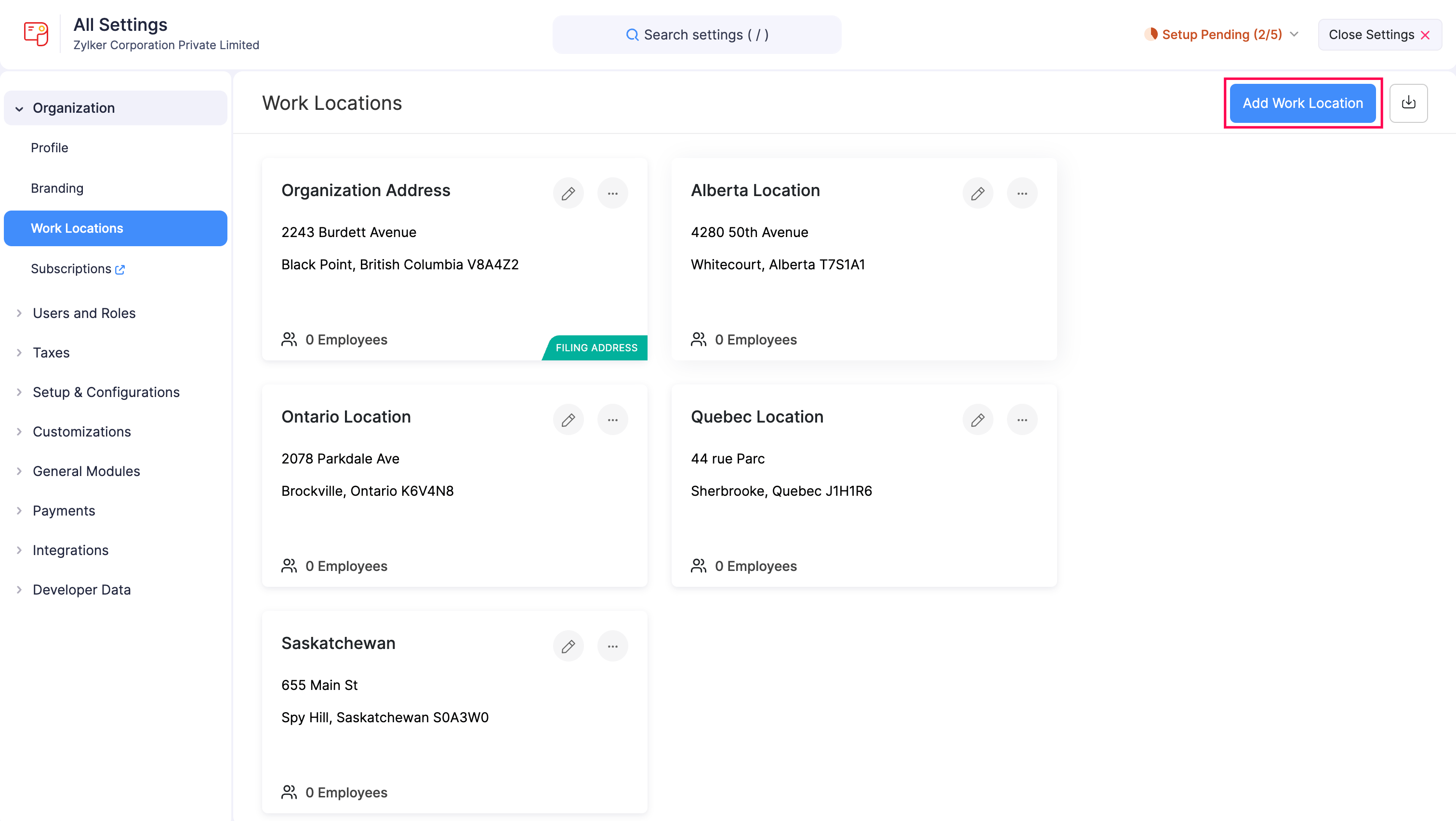 Add Work Locations in Zoho Payroll