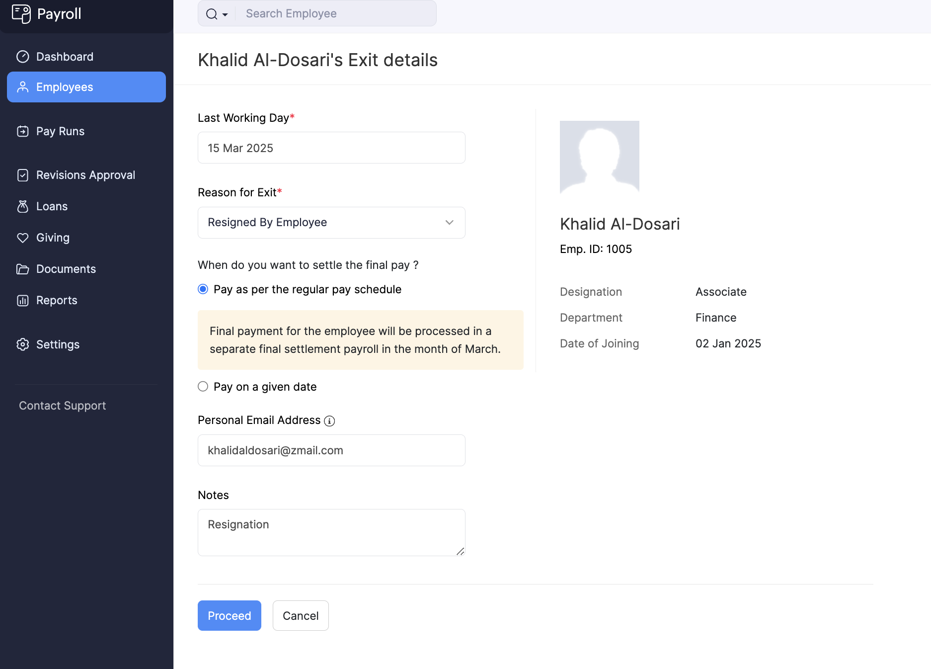Employee Details for the Exit Process