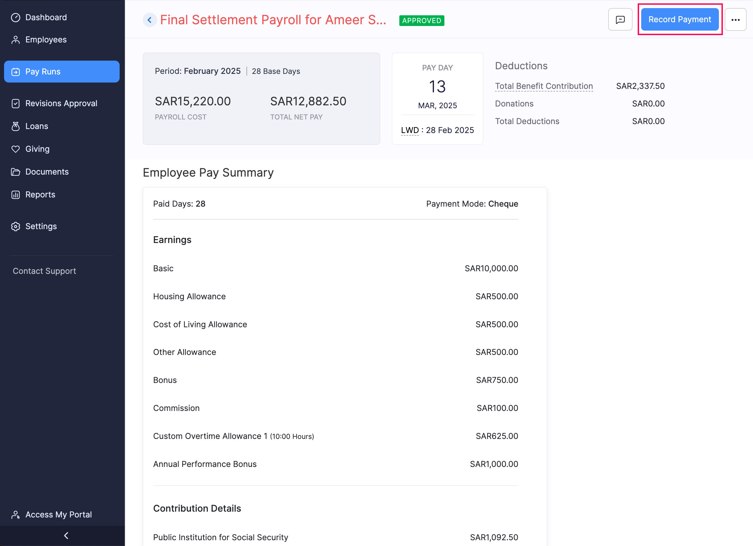 Record Payment for Termination Payroll