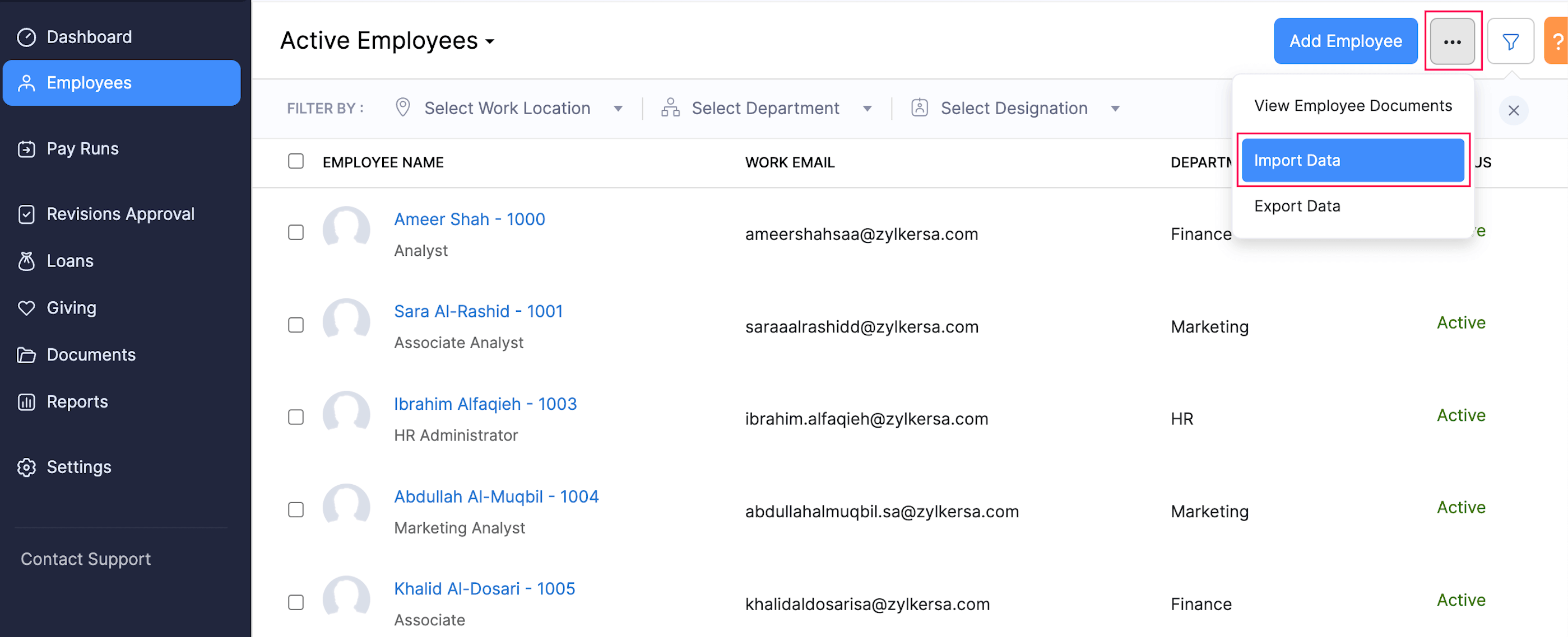 Import Data Button in the Employees Module