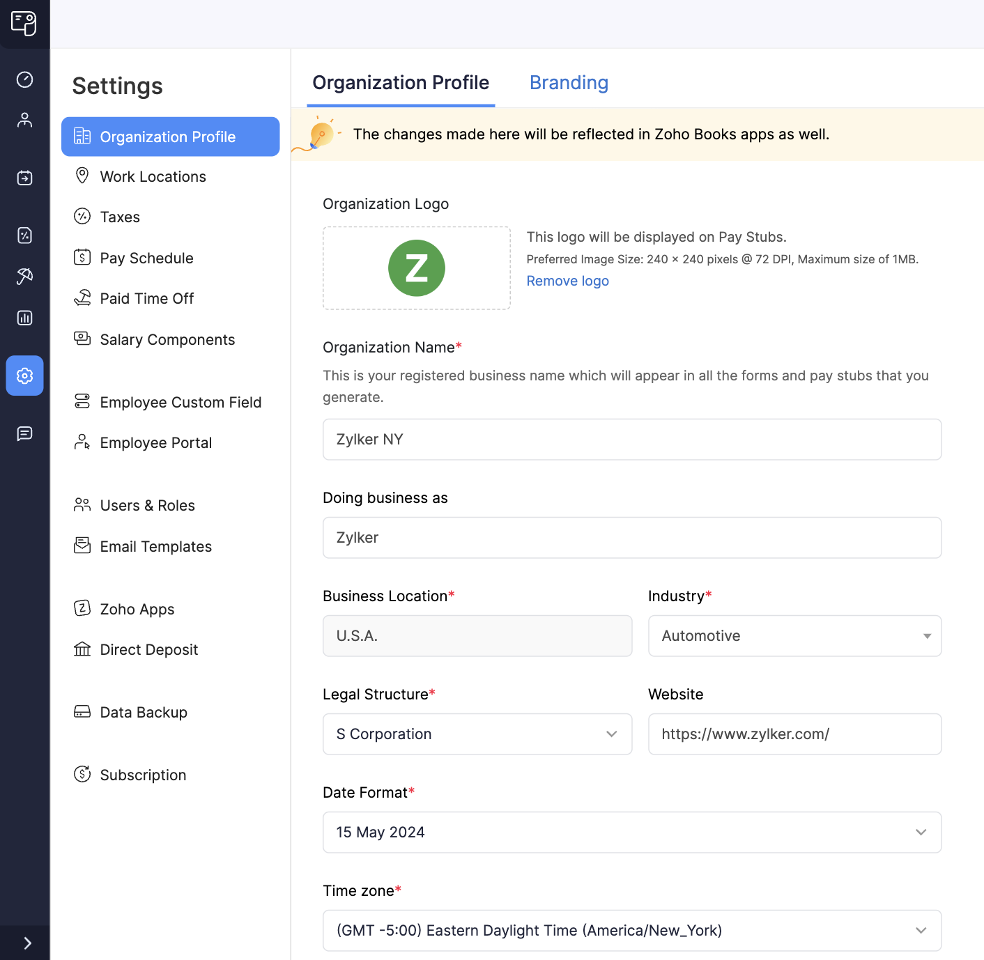 Organization Profile section in Zoho Payroll Settings