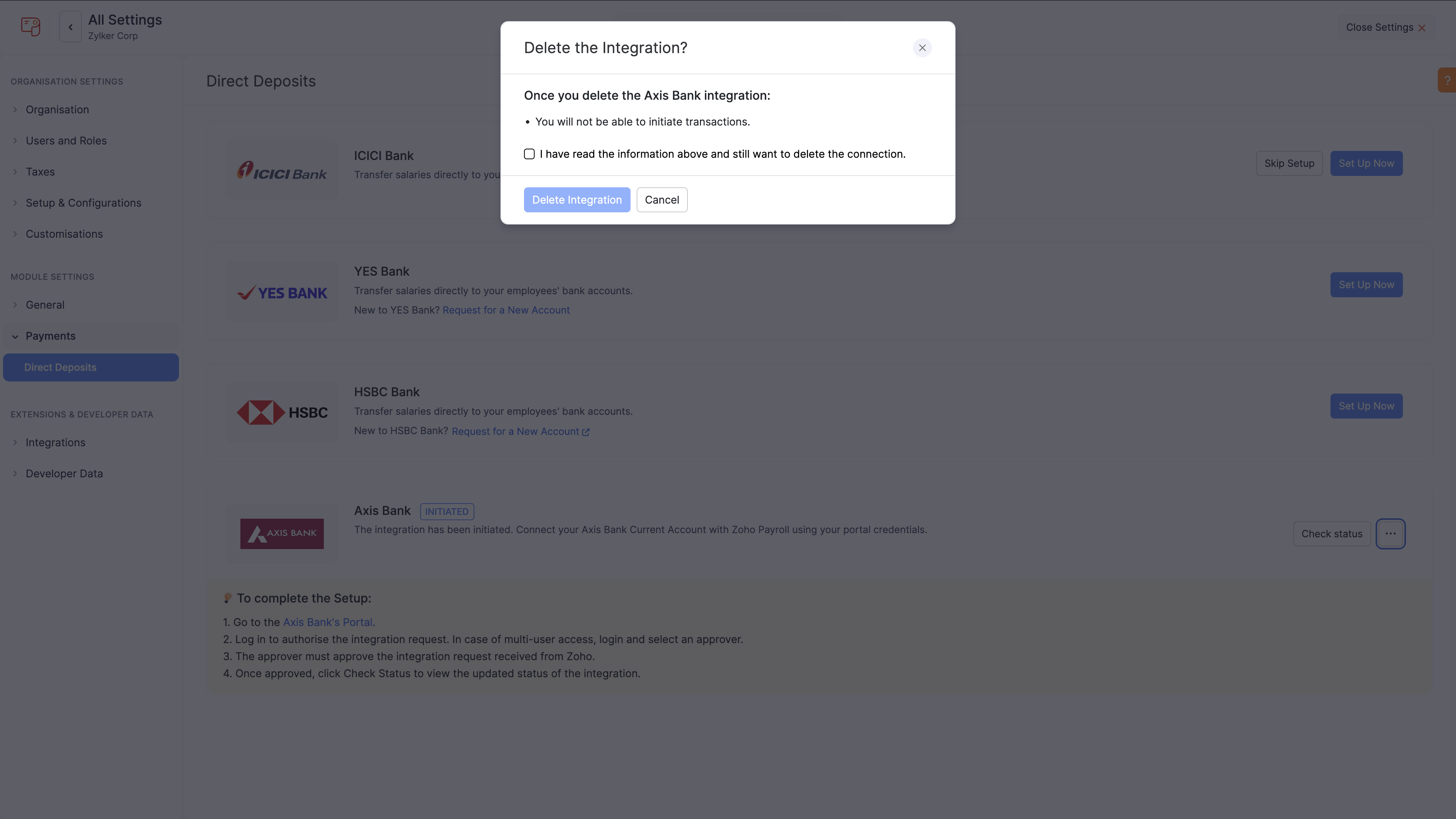 Delete Axis Bank Integration Popup