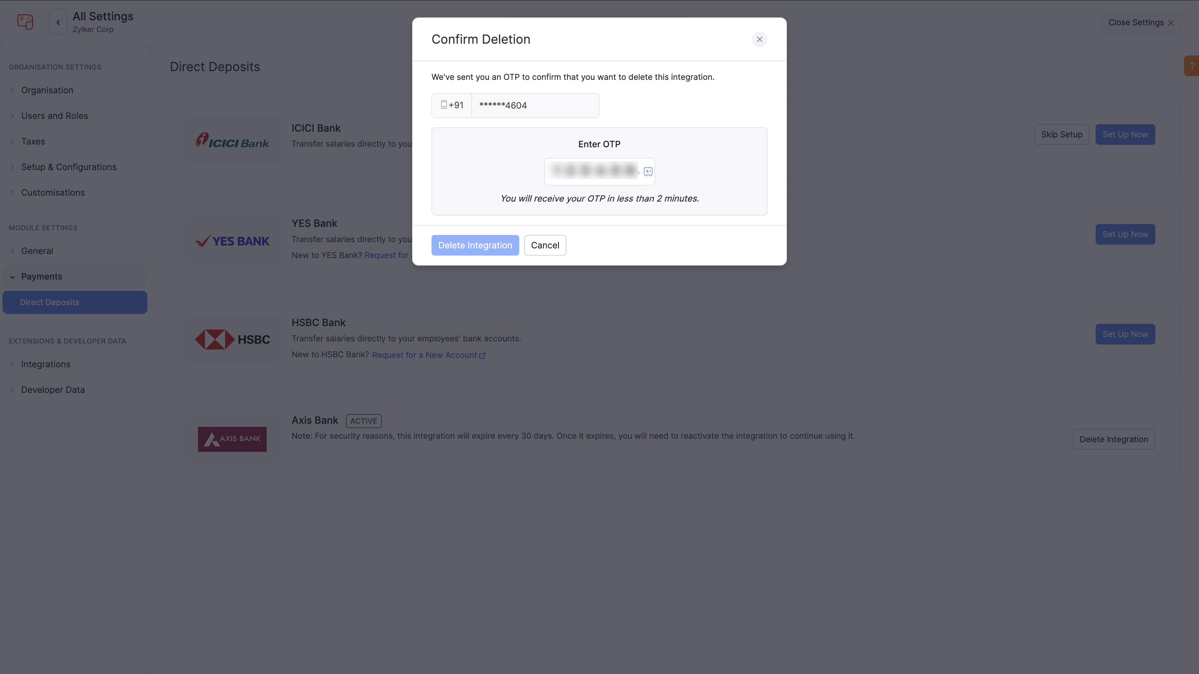 Provide OTP to Delete Axis Bank Integration