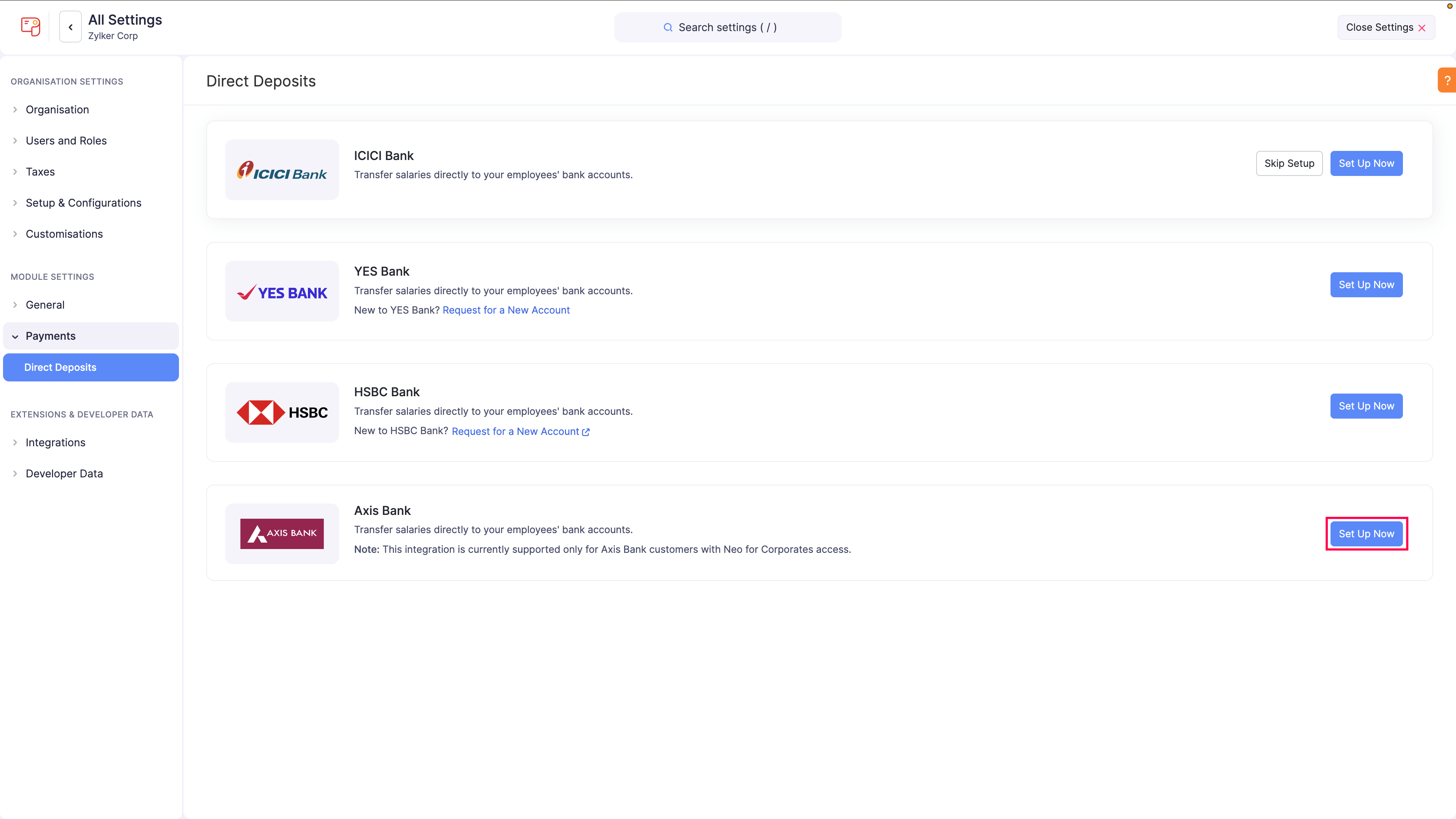 Set Up Axis Bank - Direct Deposit - Zoho Payroll