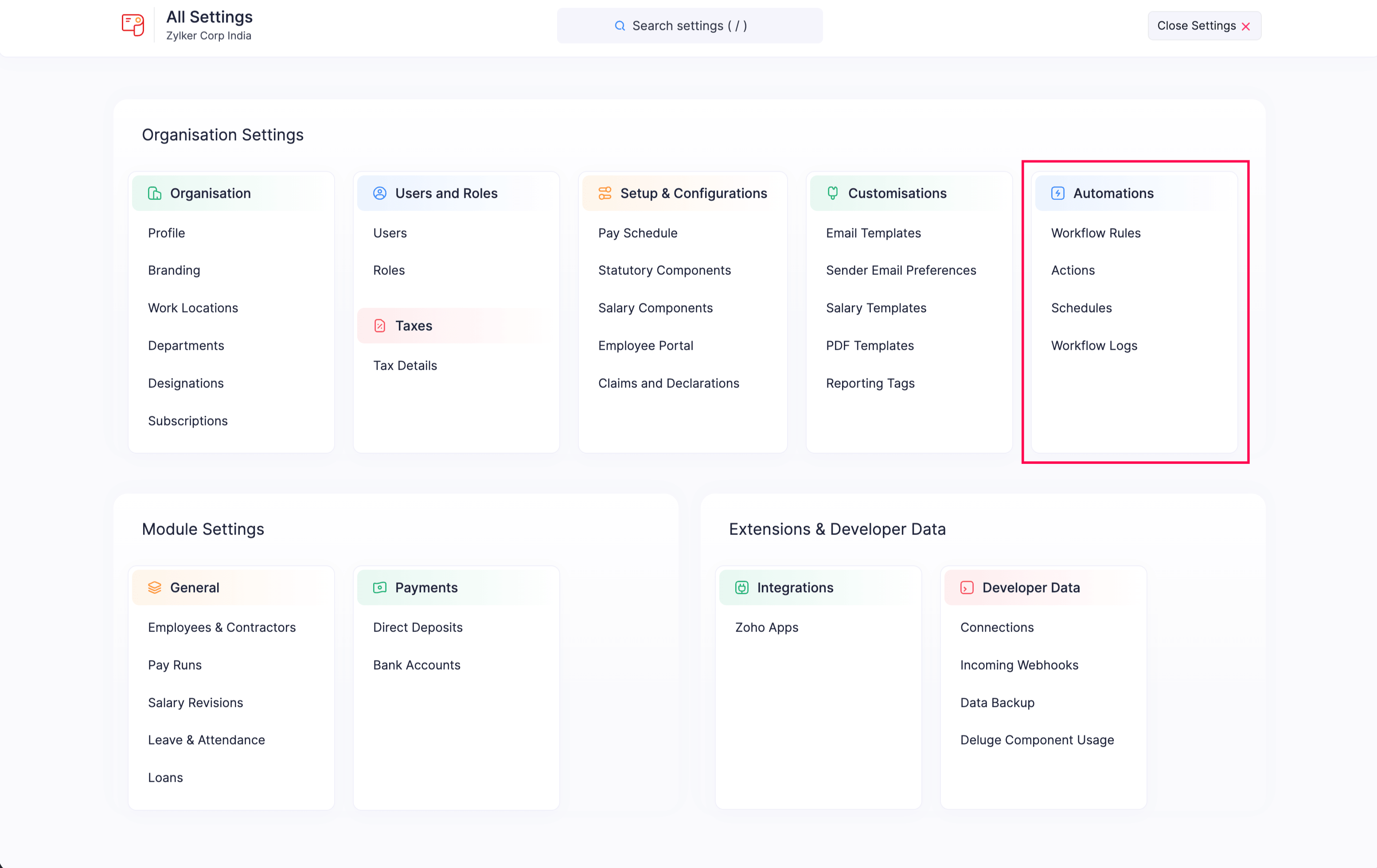 Automation Section in Zoho Payroll Settings