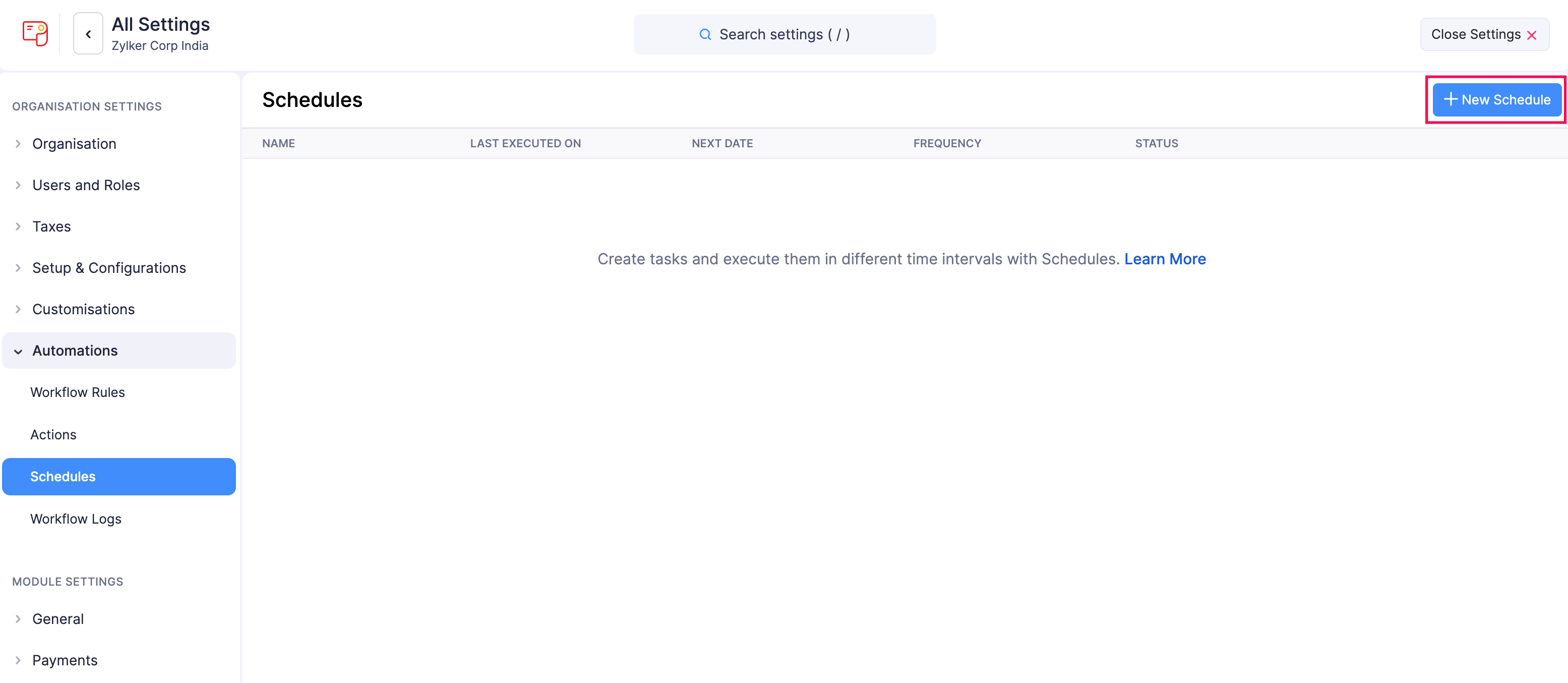 Create New Schedule Button in Zoho Payroll