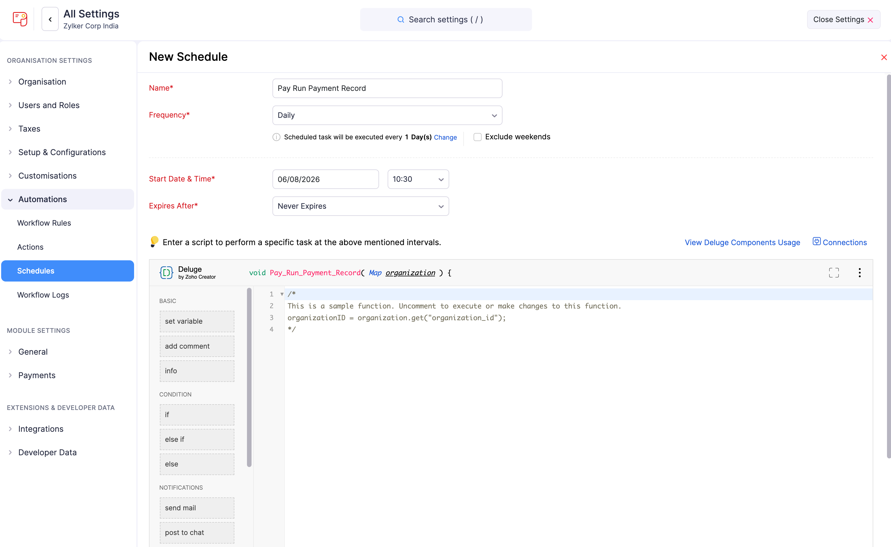 Create New Schedule in Zoho Payroll