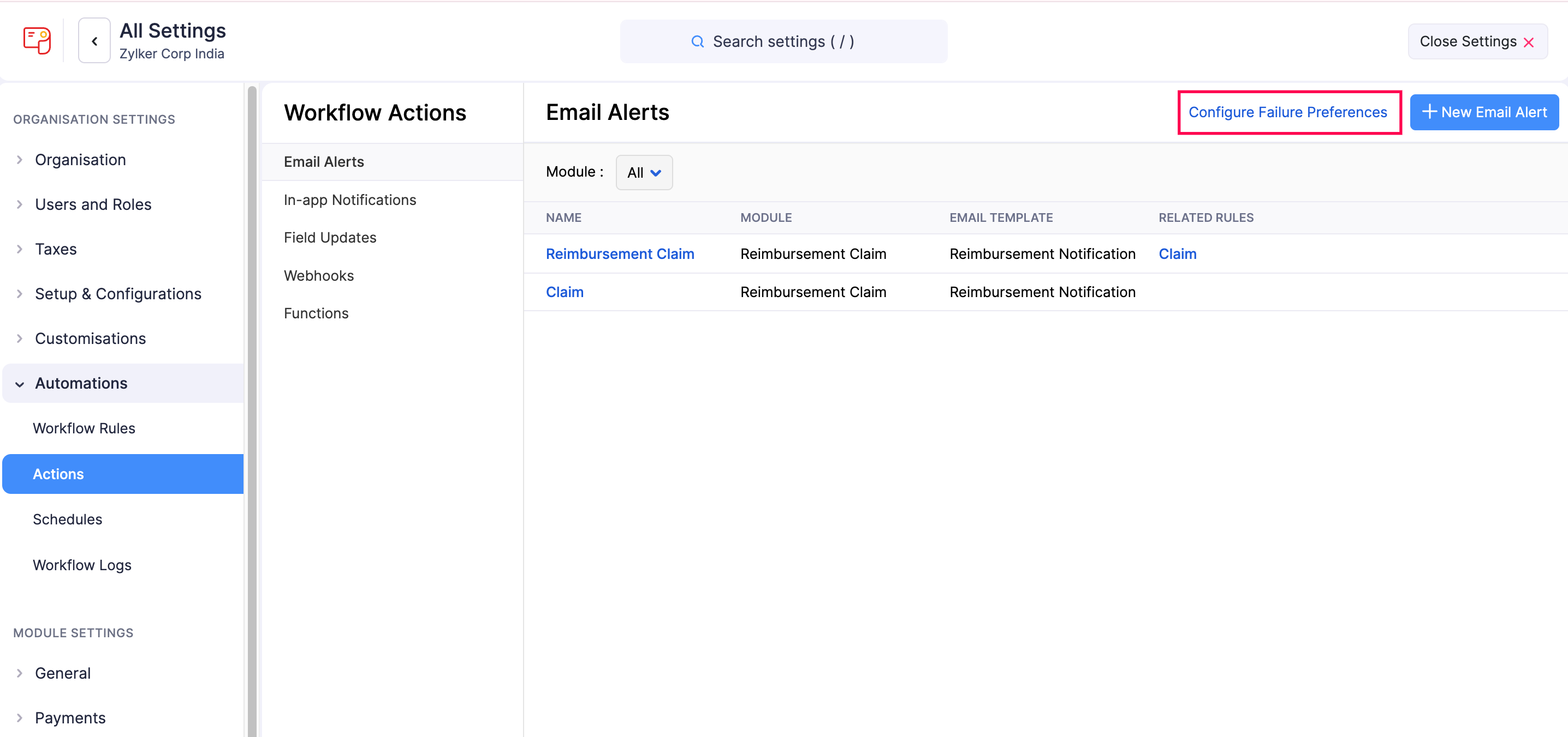 Configure Failure Preferences for Email Alers in Zoho Payroll