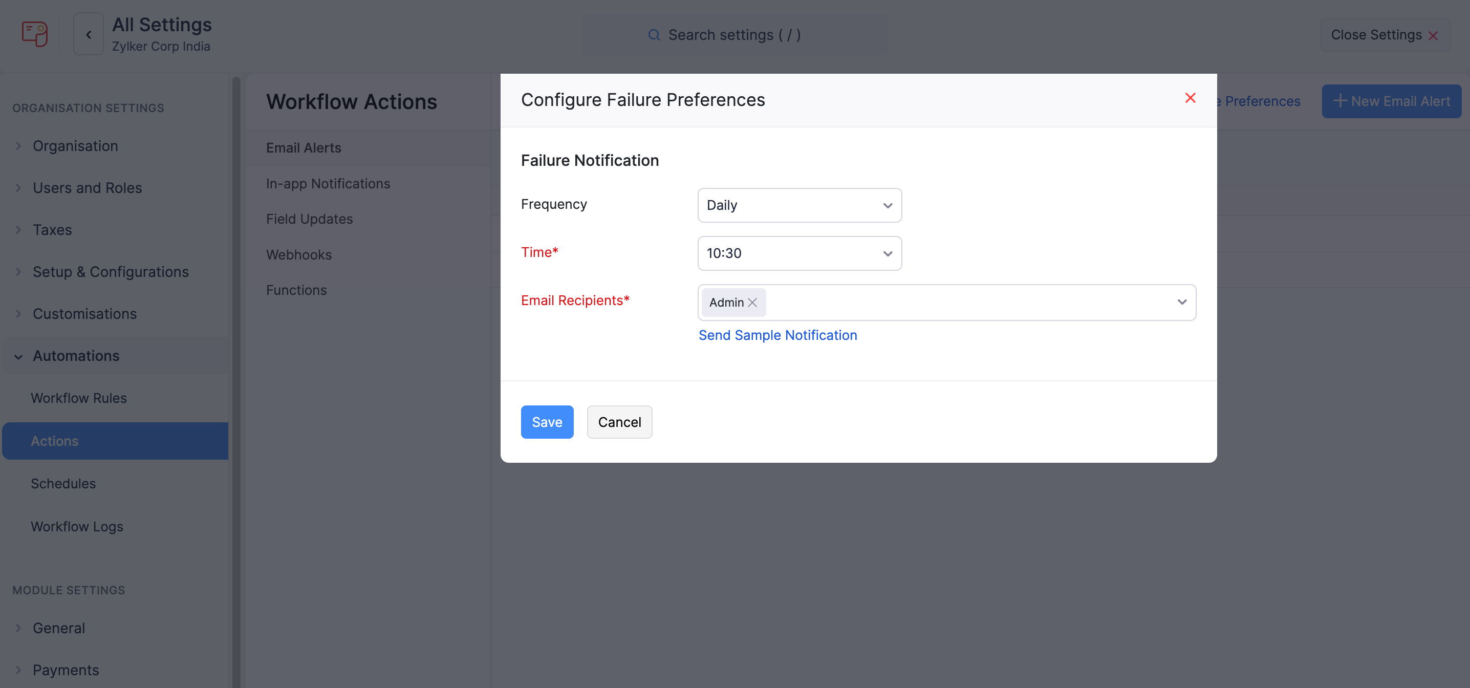 Configure Failure Preferences for Email Alers in Zoho Payroll