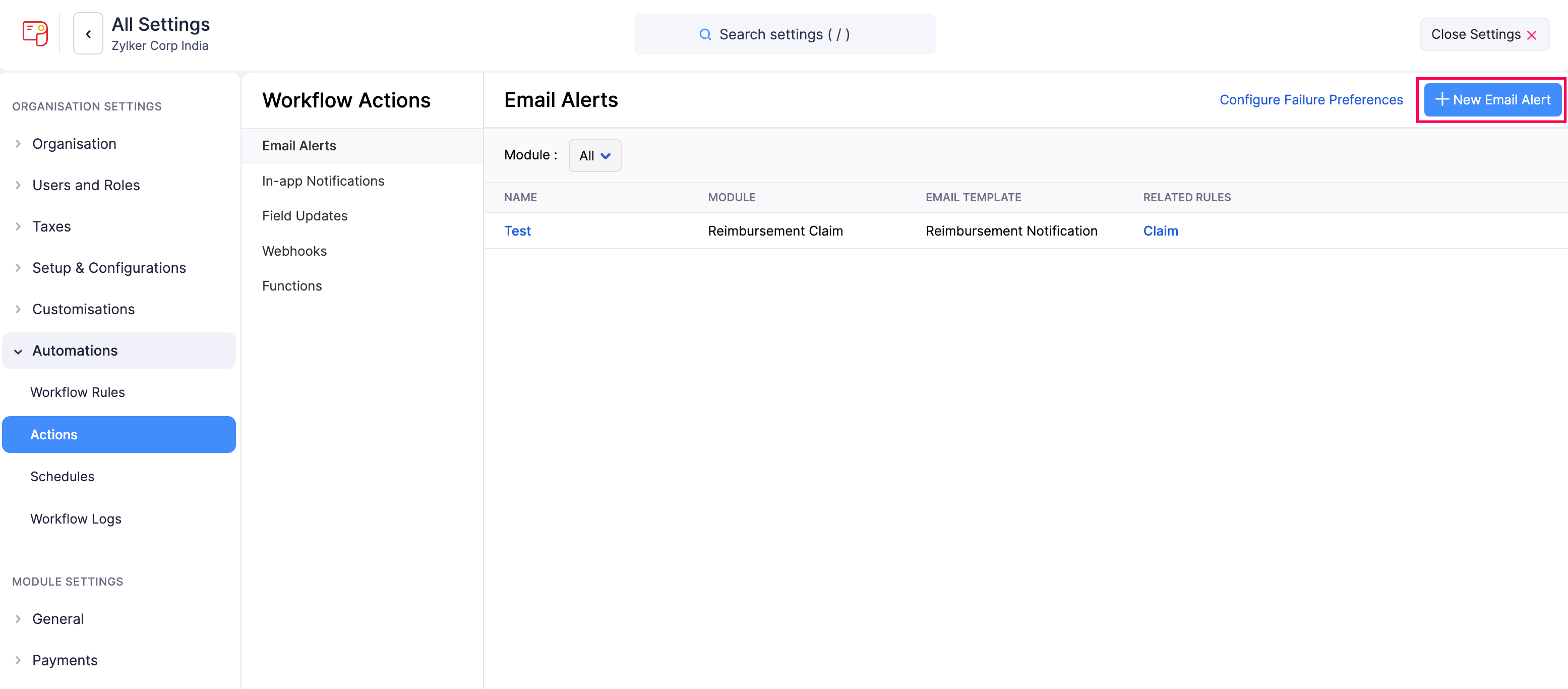 New Email Alert in Zoho Payroll Workflow Actions