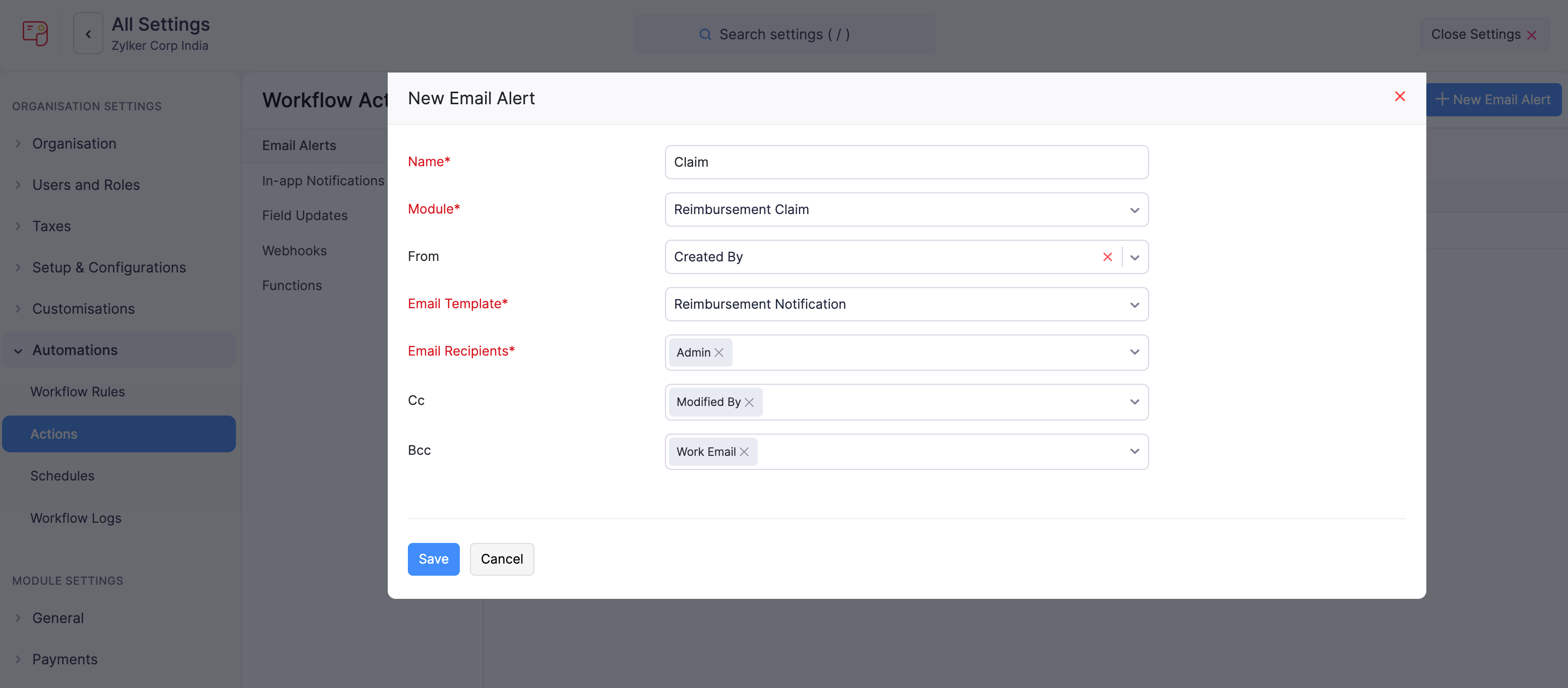 New Email Alert Popup Actions