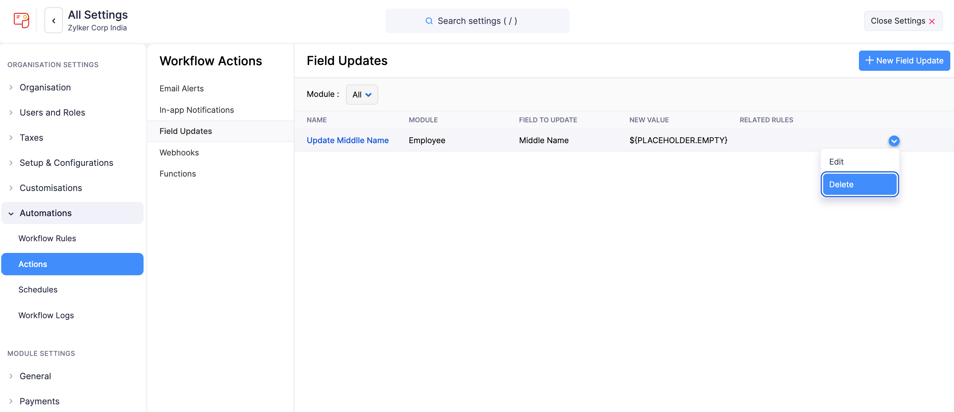 Delete Field Updates in Zoho Payroll