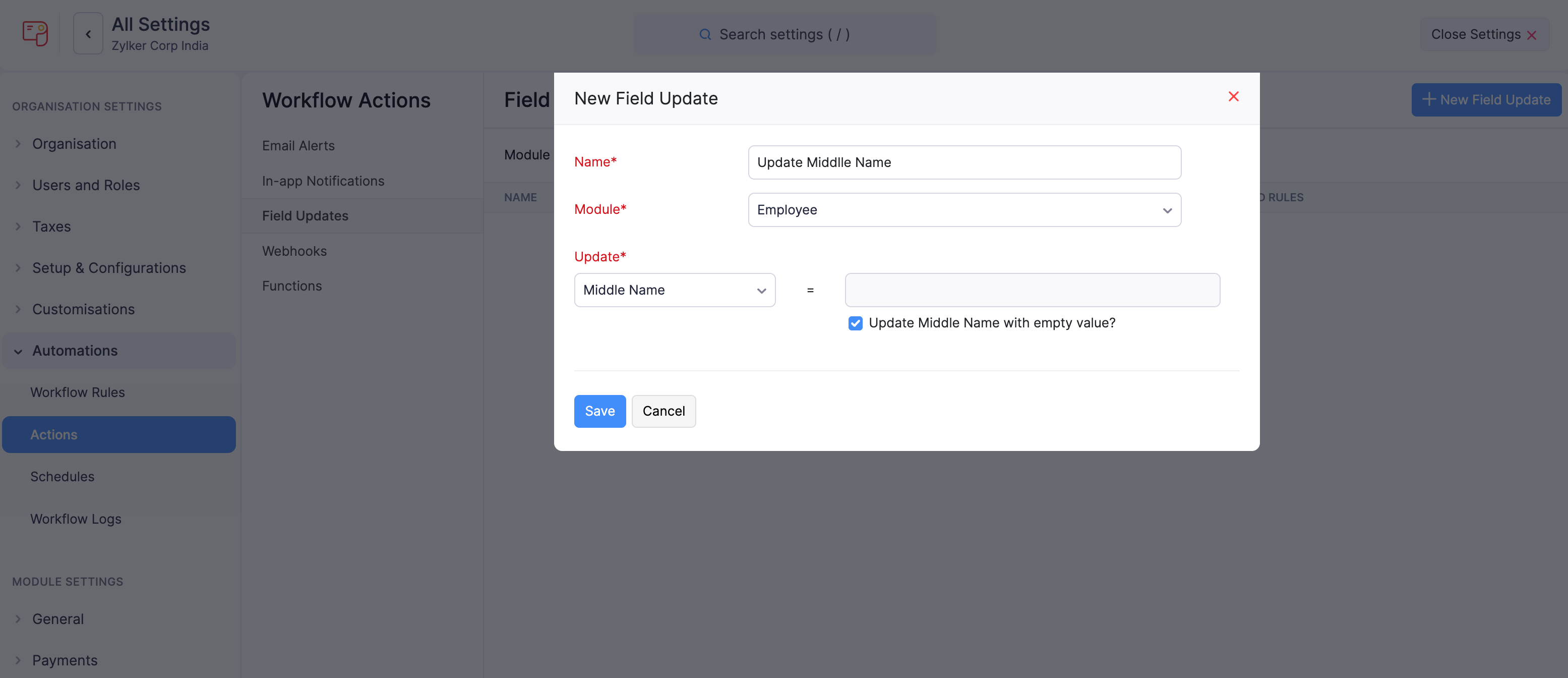 New Field Updates Creation in Zoho Payroll