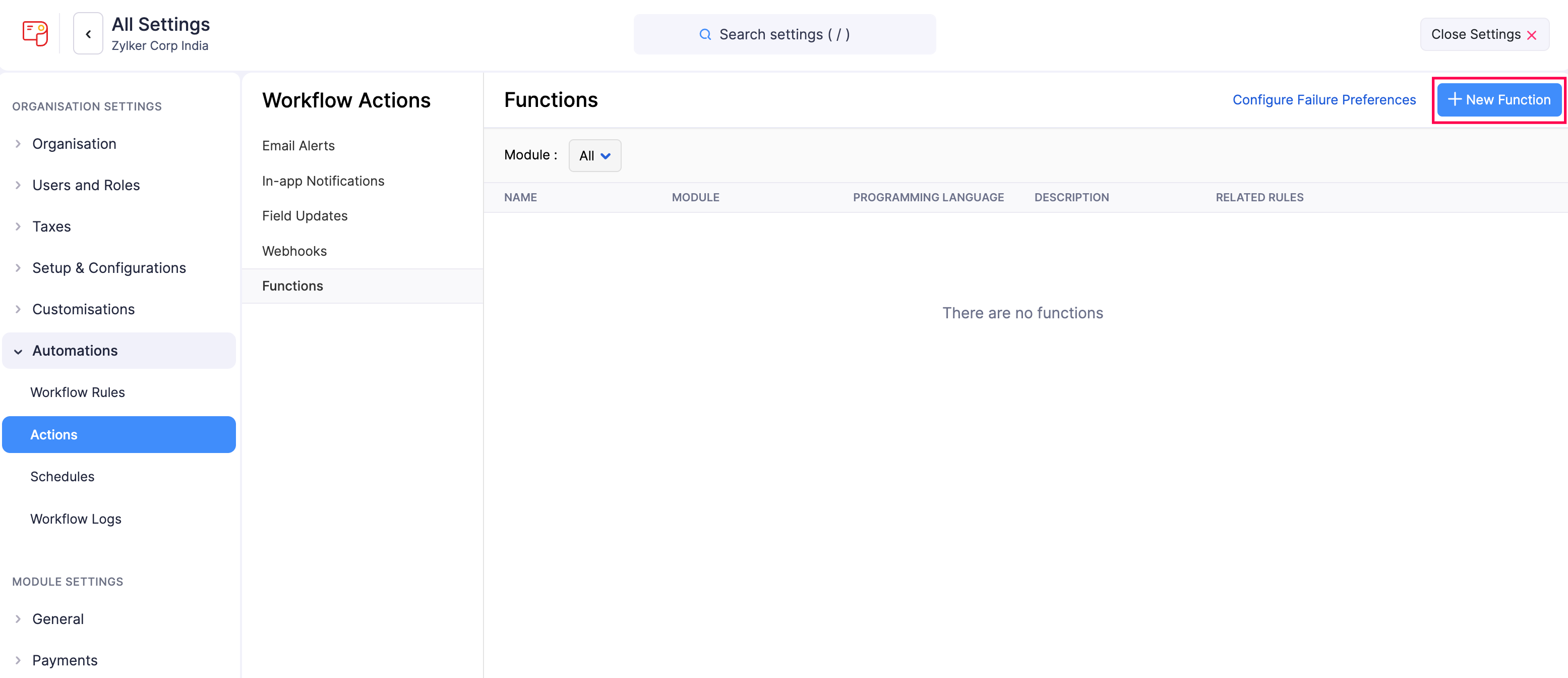 Create New Function Button in Zoho Payroll