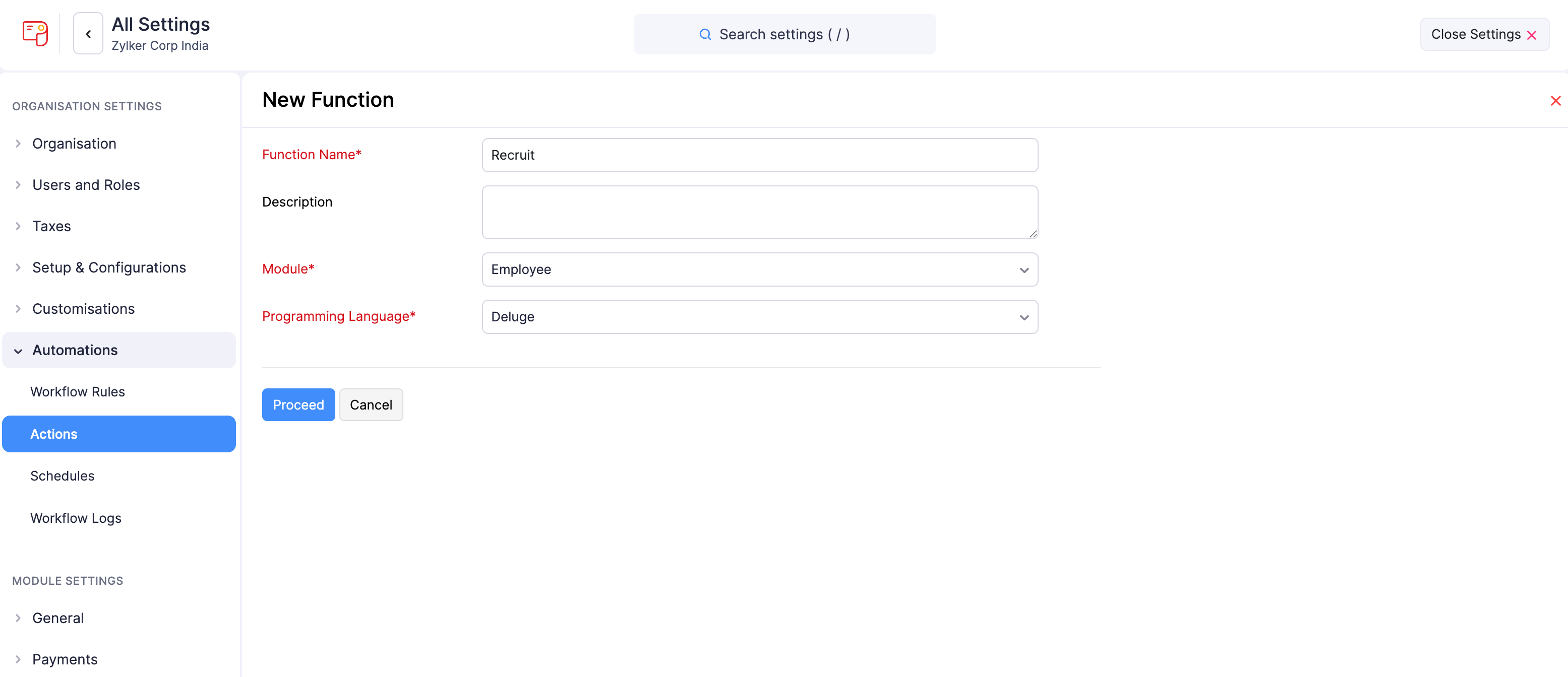 Create New Function in Zoho Payroll