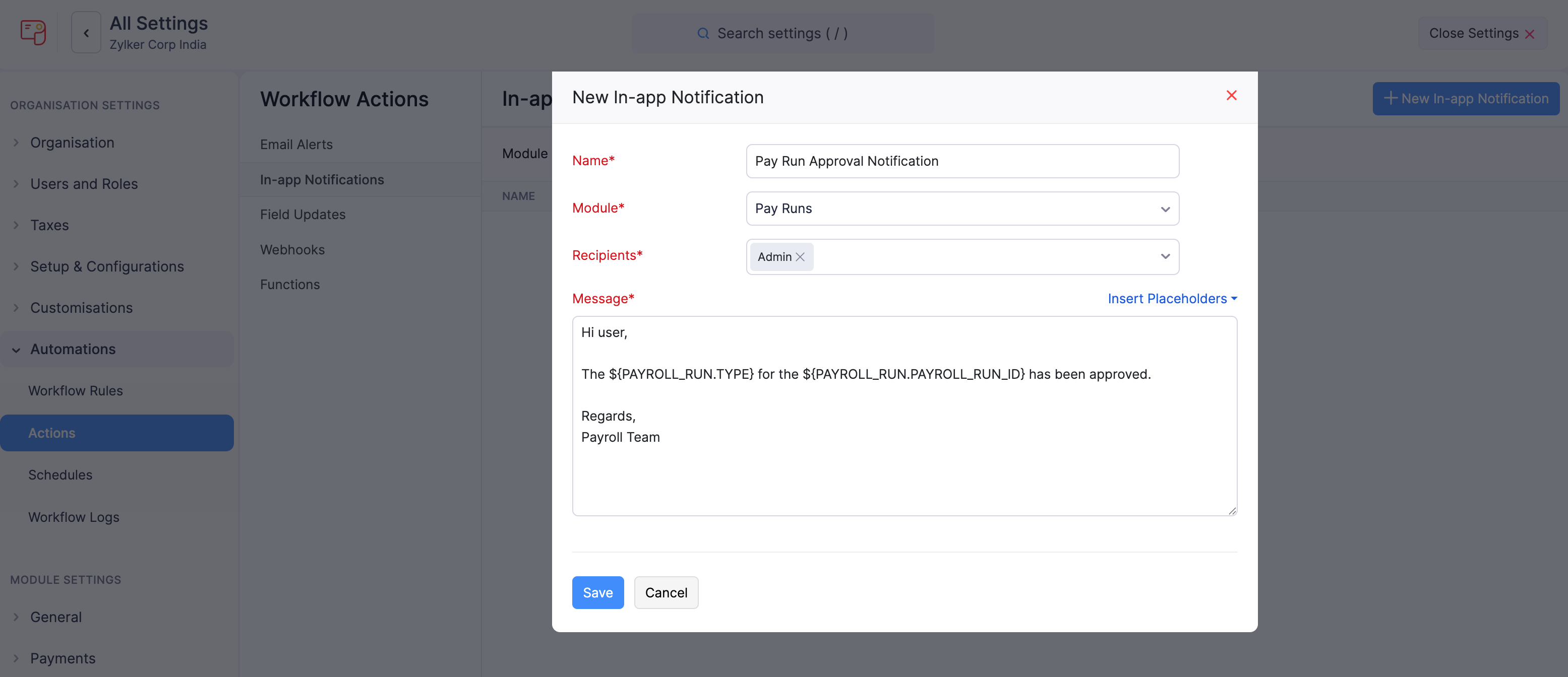 Creating a New In-App Notification in Zoho Payroll