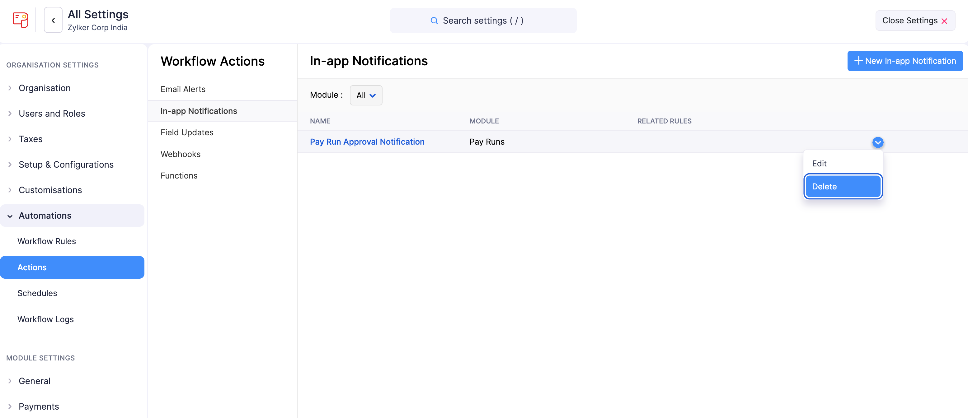 Delete In-App Notifications in Zoho Payroll