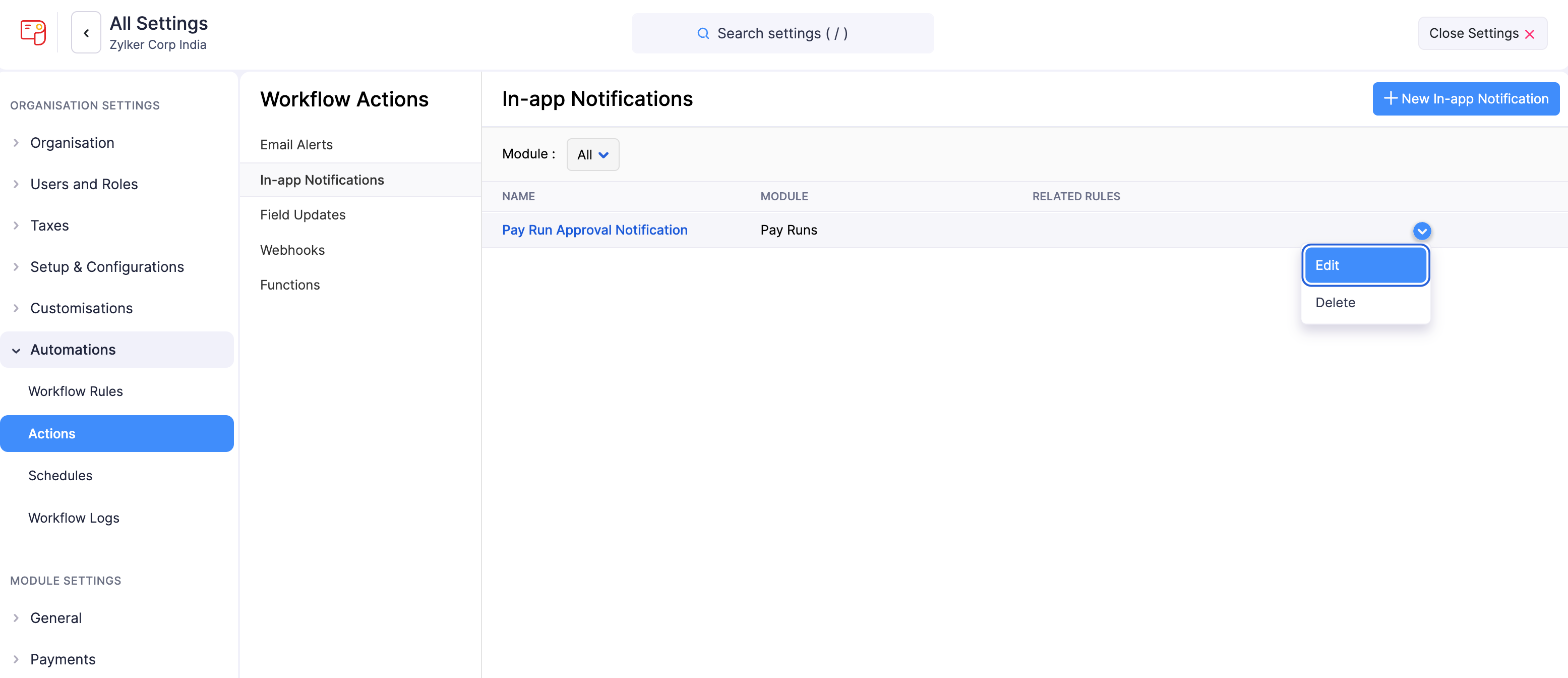 Edit In-App Notifications in Zoho Payroll