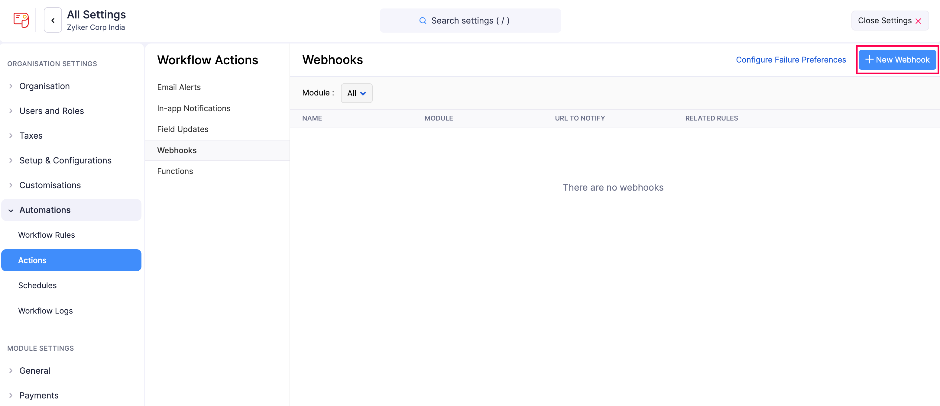 Create New Webhook Button in Zoho Payroll