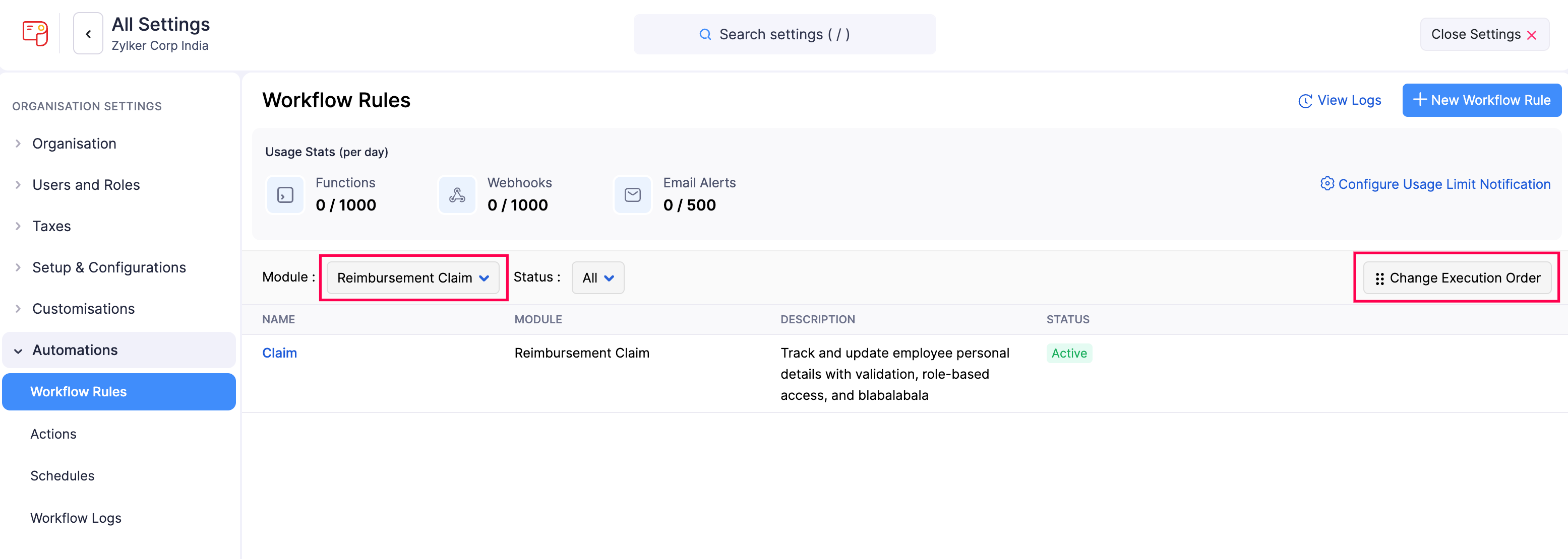 Change Execution Order of Workflow Rules in Zoho Payroll