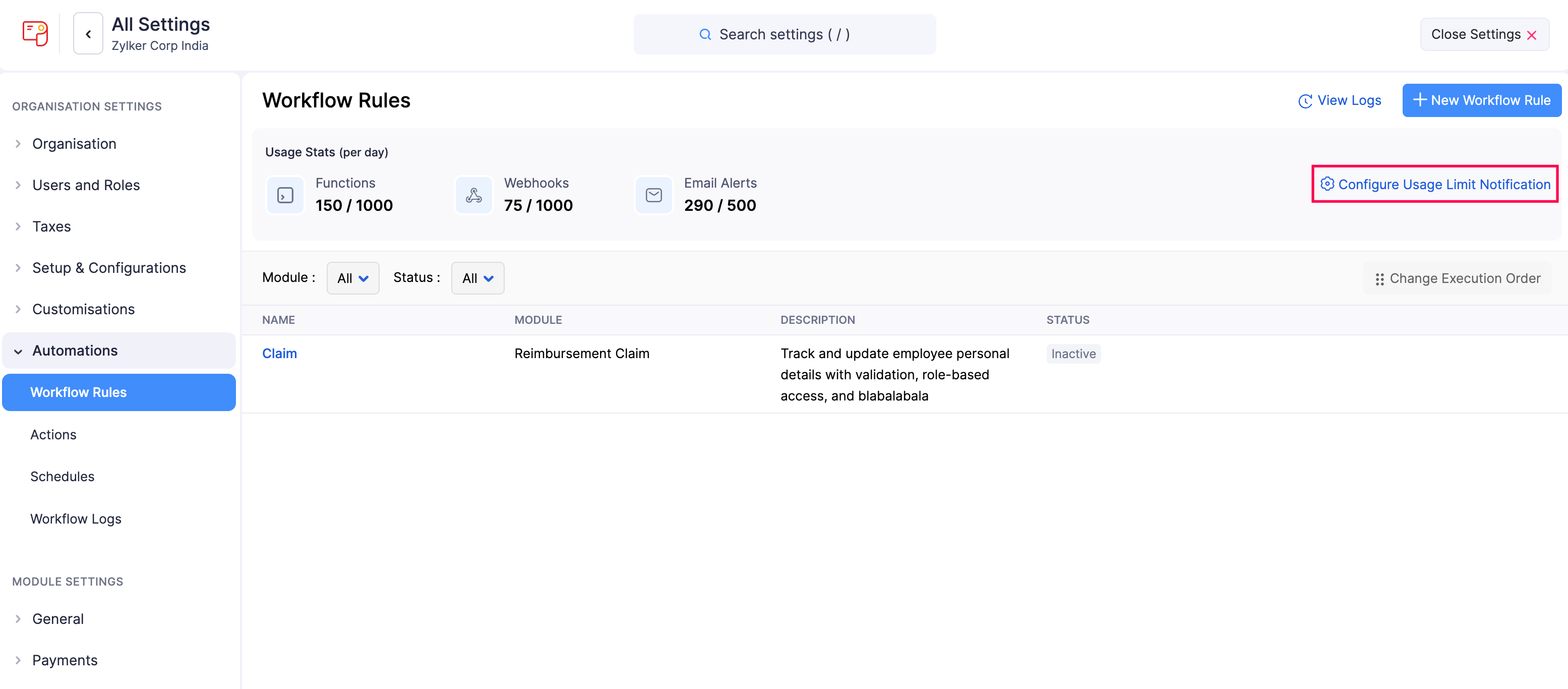 Configure Workflow Rules Usage Limit Notifications in Zoho Payroll