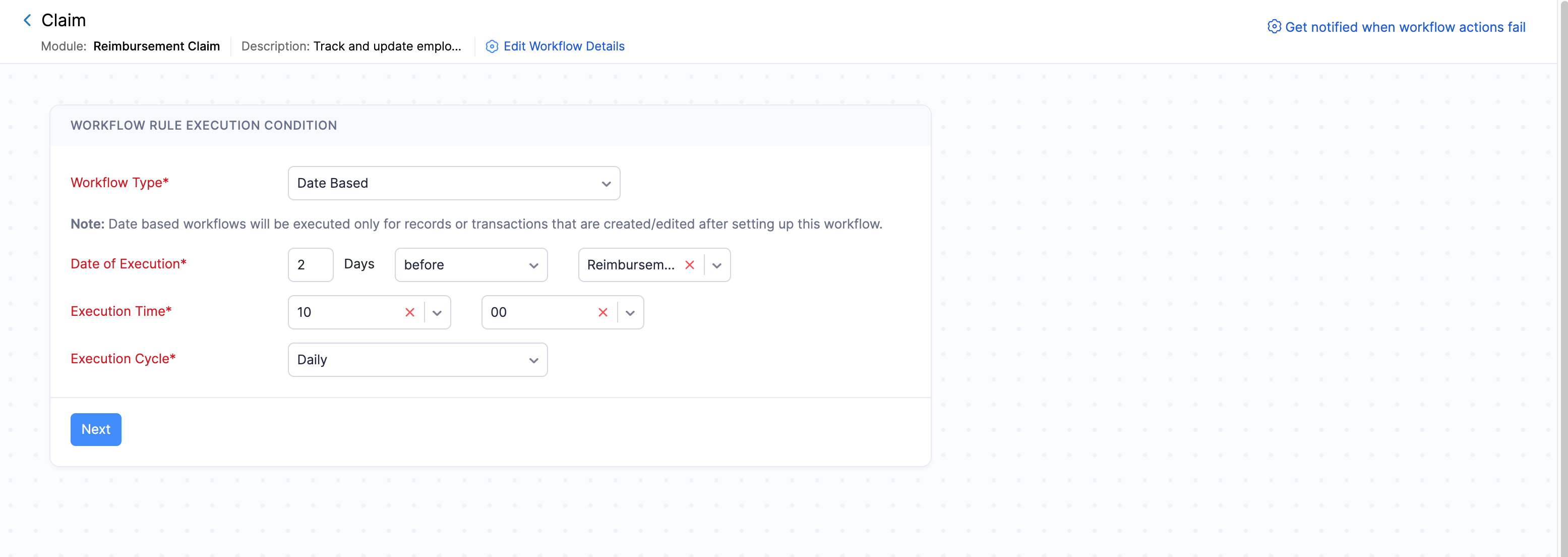 Date Based workflow type with Action Type dropdown