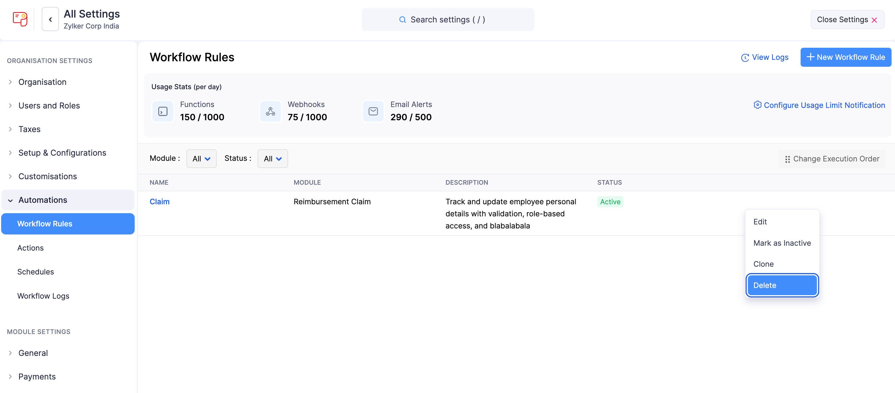 Delete Workflow Rule in Zoho Payroll